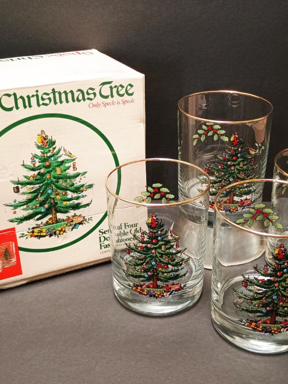 VTG Spode Christmas Tree Double Old Fashioned 12 oz Glasses, Gold Rims Orig Box